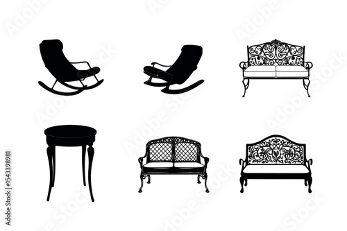 Silhouette set of classic rocking chairs and ornate benches