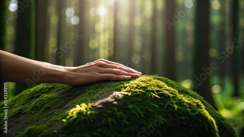 A hand resting on a moss-covered stone in a sunlit forest creates a serene connection to nature.