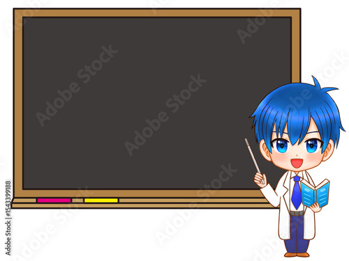 黒板と白衣を着たちびキャラの男の子の素材