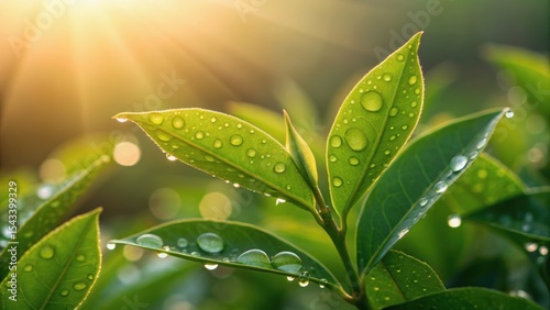 Dewy green leaves glisten in sunlight, showcasing nature's beauty and freshness with droplets of water enhancing their vibrant appearance.