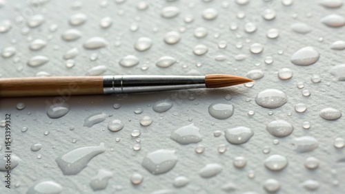 A paintbrush rests on a wet surface adorned with glistening water droplets, showcasing a serene artistic moment.