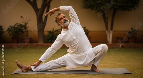 An old man doing yoga stretching, International Yoga Day 2025 poster