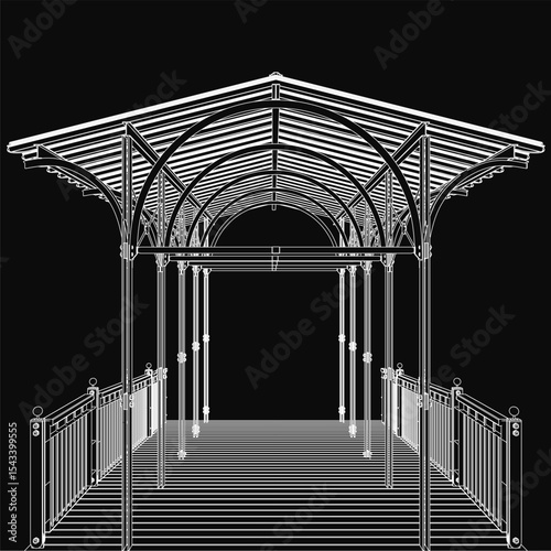 Black and white gazebo with stairs, surrounded by ornate railings and pillars, evoking a vintage aesthetic. The dark background enhances the mysterious atmosphere, resembling an old bridge.