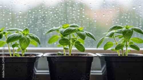 Lush green seedlings in black pots by a rainy window, showcasing growth and vitality against a blurred natural backdrop.