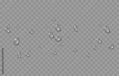 Vector water drops. Drops png, condensation on the window, on the surface. Realistic drops on an isolated transparent background.