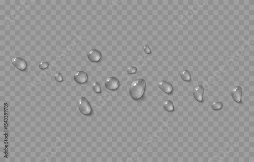 Vector water drops. Drops png, condensation on the window, on the surface. Realistic drops on an isolated transparent background.