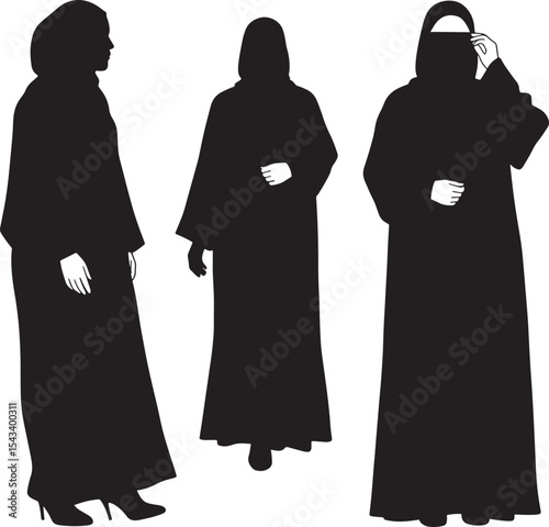 Middle Eastern Arabian Muslim Women Abaya Dress Silhouette Vector Set