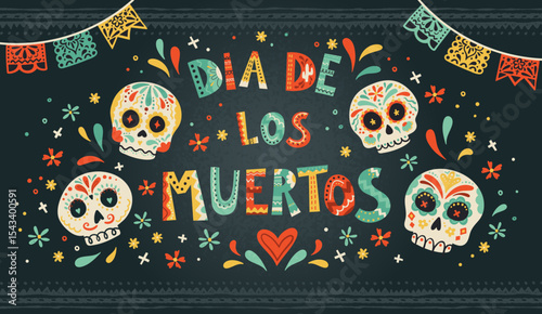 Day of the dead, Dia de los muertos design, hand drawn with decoration and flowers, great for banners, wallpapers, cards - vector design