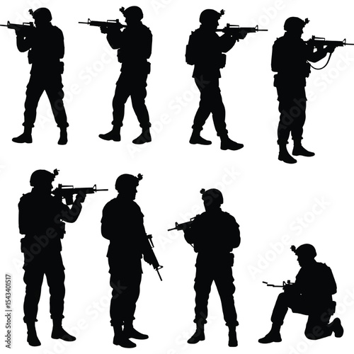 Modern Soldier Military Man Silhouette Vector Collection with Weapons in Various Poses
