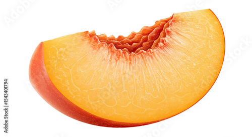 Close-up of a delicious fresh peach slice with a bite taken out of it.