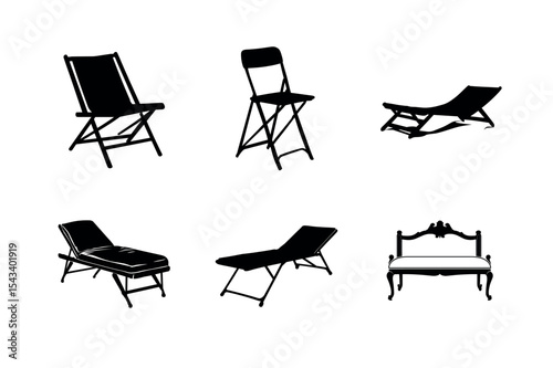 Collection of six black silhouettes of chairs and loungers