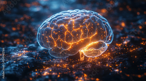 A glowing brain, seemingly emerging from a dark, fiery landscape