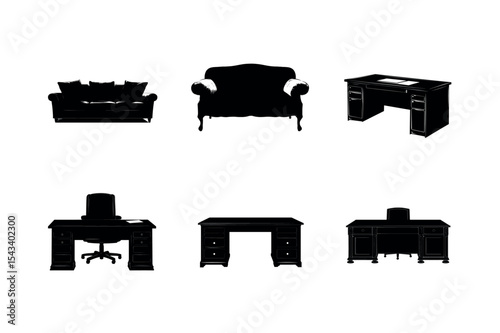 Silhouette set of classic furniture sofas and desks
