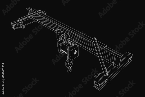 Single girder overhead crane drawing on black background, featuring a long arm with a hook for lifting heavy objects. The detailed illustration includes a hoist, crane arm, and hook, all connected.