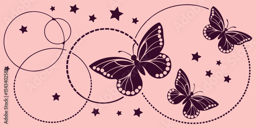 Butterfly frames. Black butterflies stars silhouettes, lined circle decor. Beautiful seasonal graphic elements, flying garden insect. Vector abstract art design pink background 
