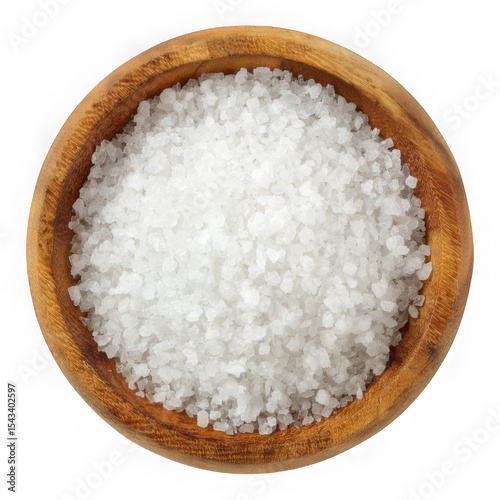 A wooden bowl filled to the brim with a generous amount of bright white salt