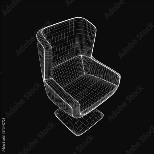 A comfortable chair with a curved back and armrests, featuring a neutral fabric seat in a detailed 3D wireframe model. The white chair stands out against the stark black background