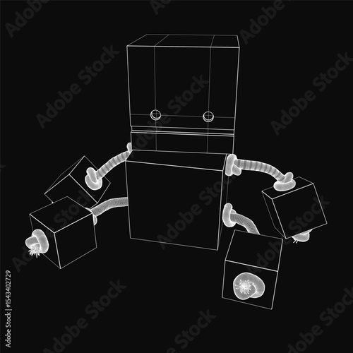 A sleek black and white robot with a metallic body, large round eyes, and sharp teeth stands surrounded by various cubes. The modern design features two arms and two legs, while the solid black.