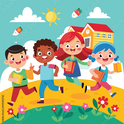 Four Cheerful Children Carrying School Supplies Illustration colorful