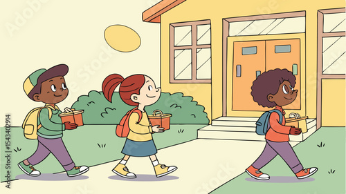 Three students walking to school carrying lunchboxes with a building and sun in the background scene