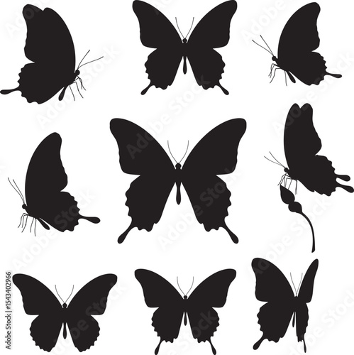Set of nine black butterfly silhouettes with varied wing positions on white.