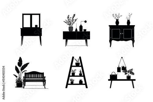 Black silhouette set of home furniture and plants
