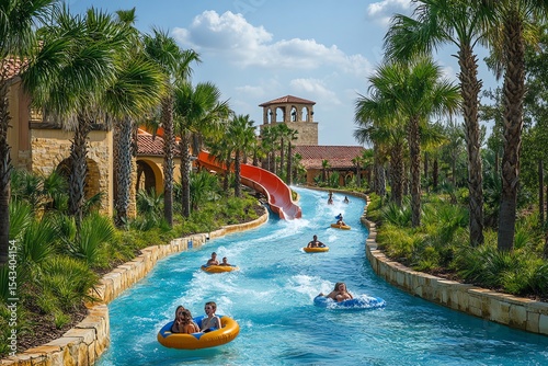 A tropical themed water park with massive slides lazy