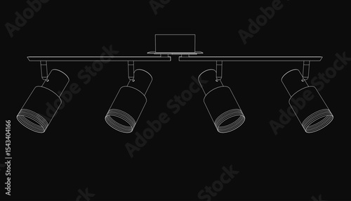 Four spotlights arranged in a triangular formation illuminate a sleek laptop placed at the center on a solid black background. The minimalist line drawing highlights the device with dramatic lighting.