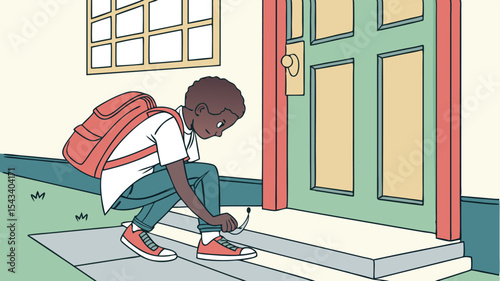 A young boy with a backpack tying his shoelace while sitting on the doorstep of a green door frame
