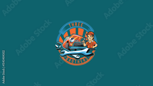 Retro cartoon-style Three Mechanics logo design with vintage car, wrench, and smiling mechanic character on teal background, ideal for auto repair branding or garage identity