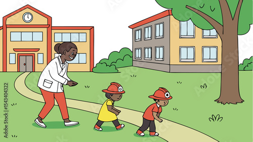 Teacher and children in firefighter hats walking on a path near school buildings and green tree