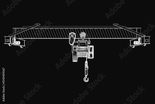 Single girder overhead crane illustrated in precise detail against a black background, highlighting its robust structure, hoist mechanism, and support beams.
