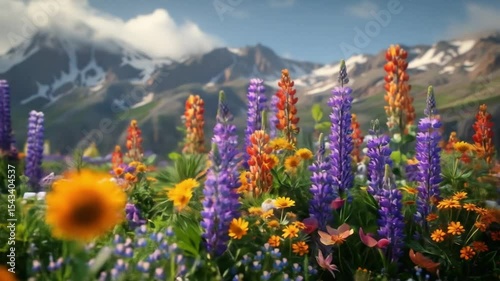 A vibrant field of colorful wildflowers flourishing against a backdrop of majestic mountains and cloudy skies