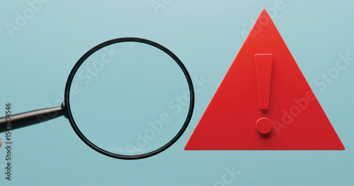 Magnifying glass inspecting red warning triangle with exclamation mark – alert investigation, error detection, risk analysis, or cybersecurity threat identification concept on blue background

