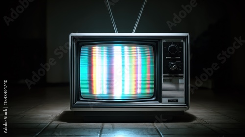 Retro television screen displaying colorful glitches in a dimly lit room