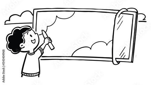 A child drawing clouds on a large framed drawing board with a marker in a simple black and white style