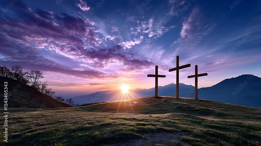 Obraz premium Three Crosses on a Hill at Sunset with a Dramatic Sky Religion
