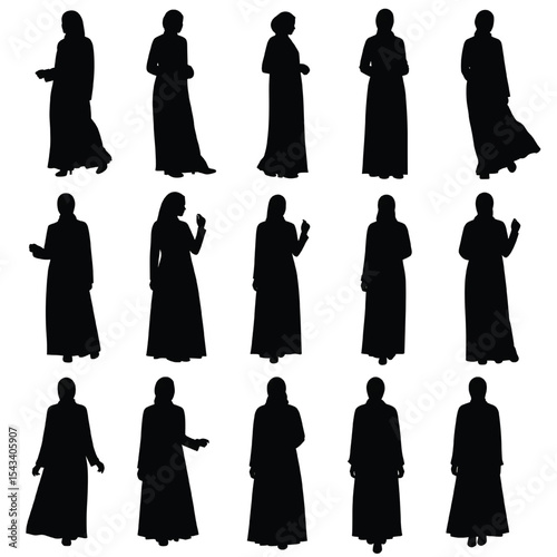 Stylish Arabian Islamic Women Muslim Abaya Dress Silhouette Vector Set