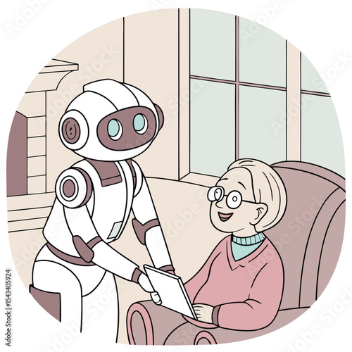 Cartoon illustration of an elderly woman receiving technology help from a robot