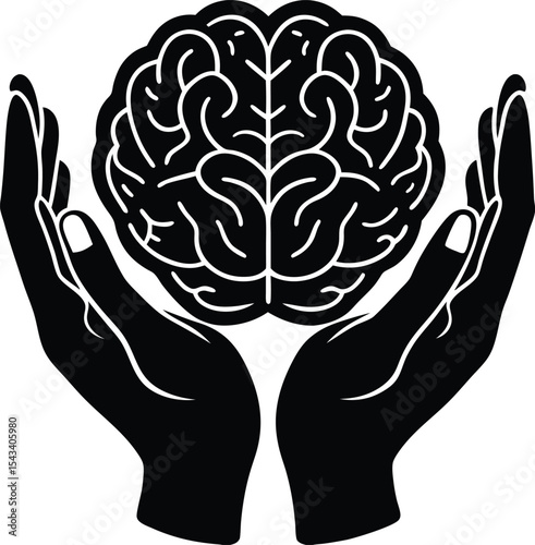 Mental health awareness vector silhouette illustration Hands Holding Brain Representing Community Support
