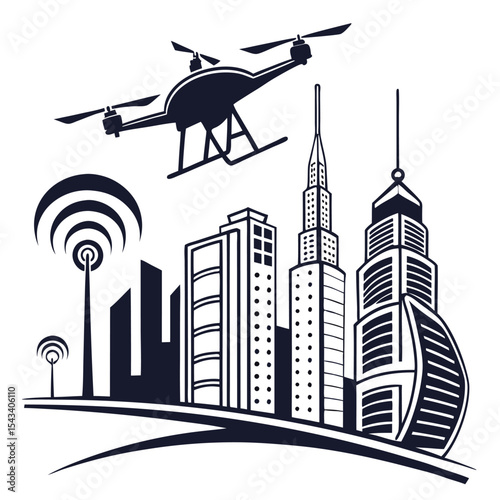 Drone surveillance over a futuristic city with advanced wireless communications technology