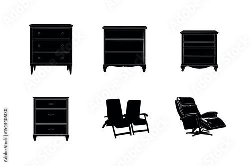 Black silhouettes of furniture dressers and chairs