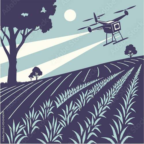 Drone surveying a cultivated field under a bright sky in a rural setting