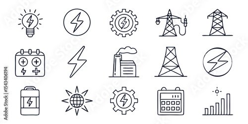 Energy sources and consumption icons collection featuring electricity and power generation