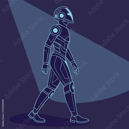 Futuristic blue robot walking under the spotlight, a study in line art