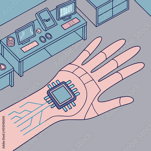 Futuristic illustration of human hand with integrated circuit and technology office