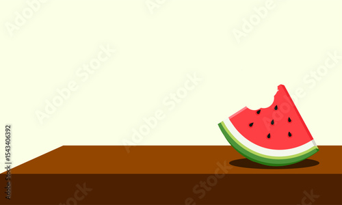 Flat vector illustration of a bitten watermelon slice on a wooden table, with soft shadows and clean background. Perfect for summer, food ads, kids’ content, and healthy eating campaigns