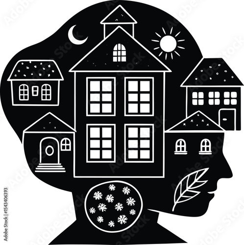 Mental health awareness vector silhouette illustration Mind as a House with Emotion Labeled Rooms
