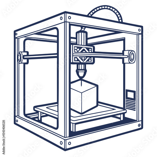 Line art depiction of a three dimensional printer creating a cube shape