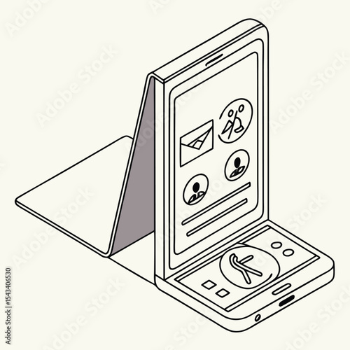 Isometric view of a modern foldable smartphone showcasing its capabilities and design
